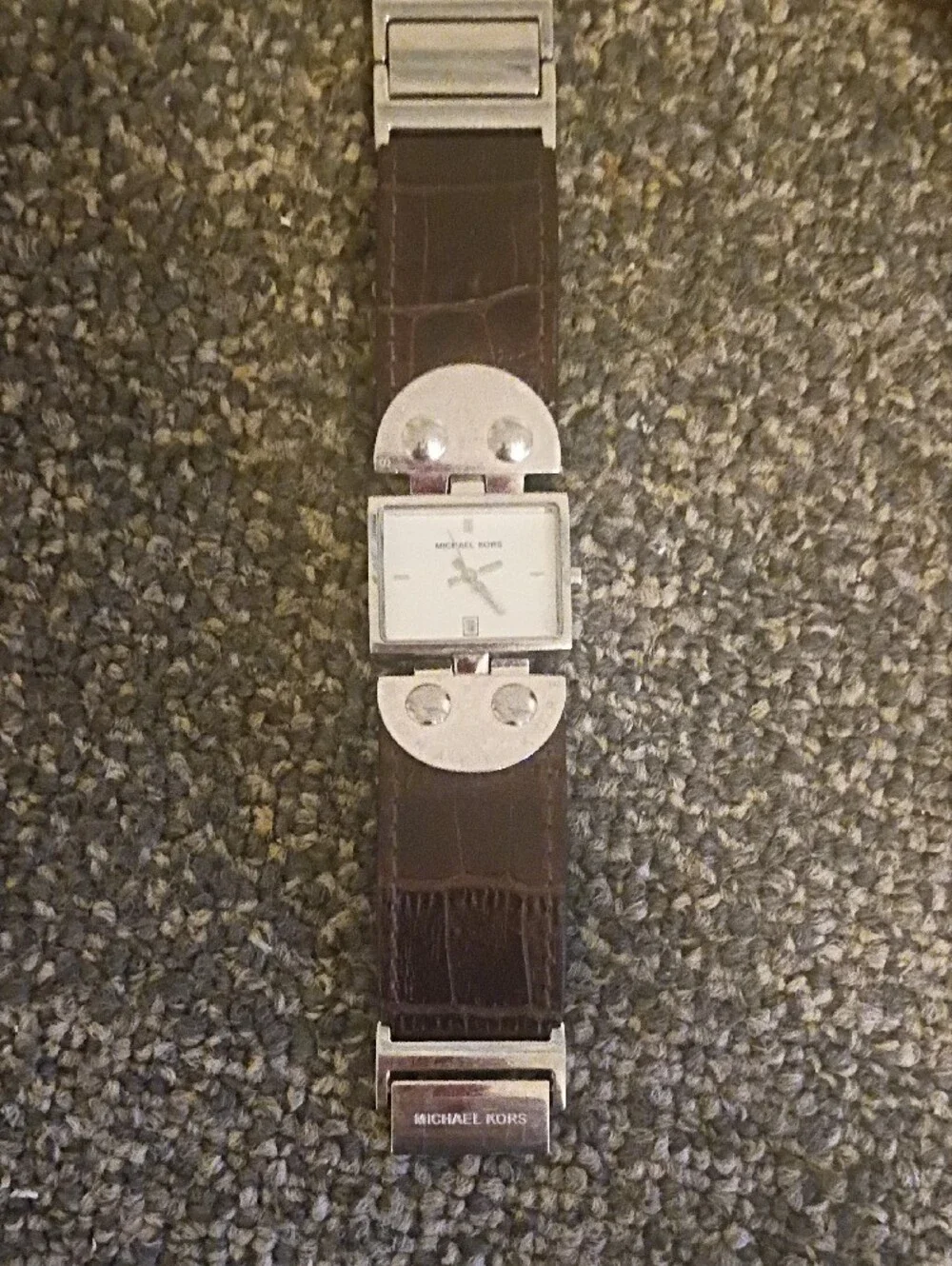Michael Kors Silver Rectangular Dial Watch with Brown Leather Strap
